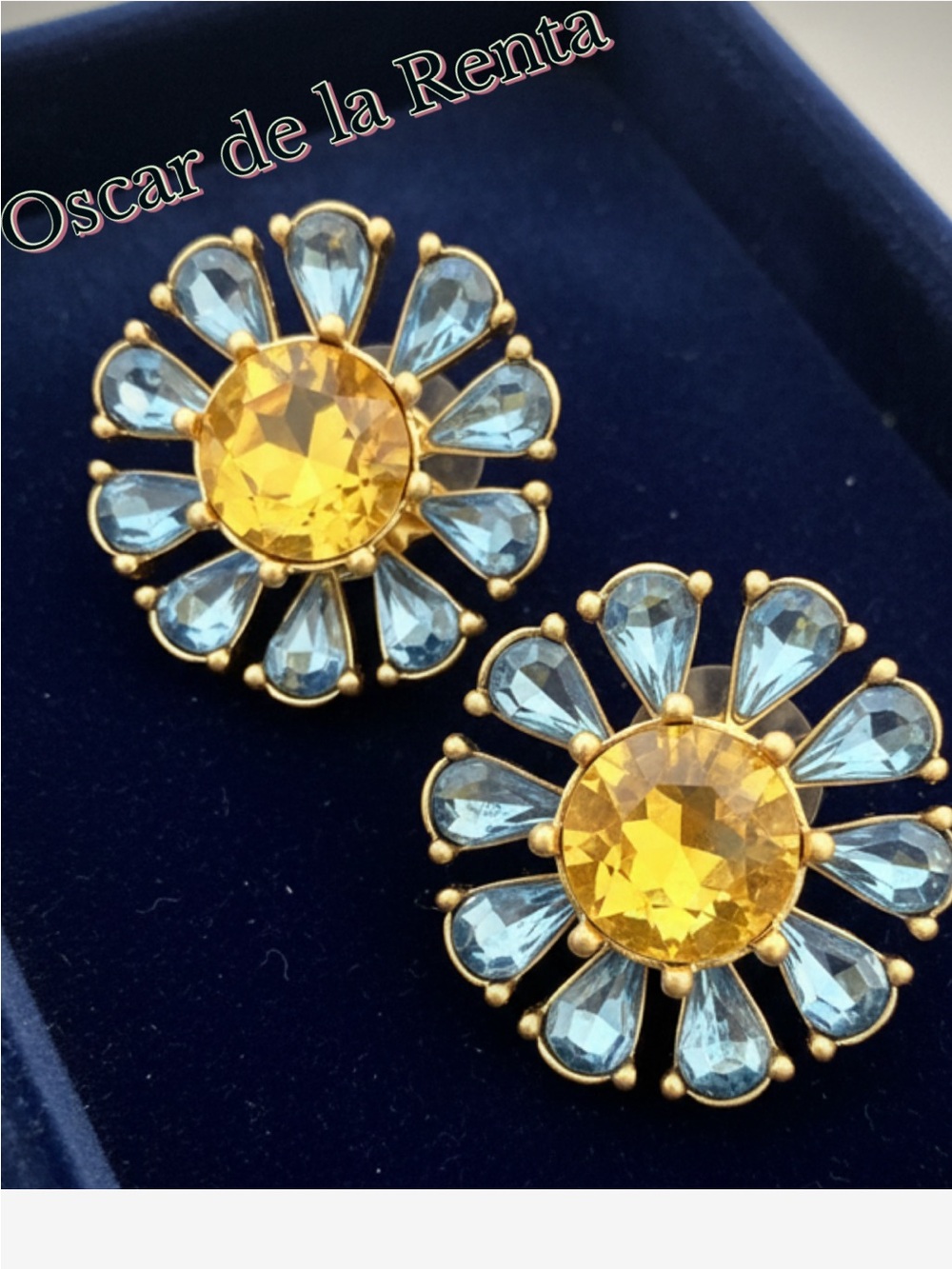 Oscar de la Renta Blue & Golden Topaz Sunflower Crystal Earrings✨Pierced/ Post - Picture 3 of 11